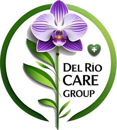Del Rio Care Group logo, a purple orchid inside a green ring
